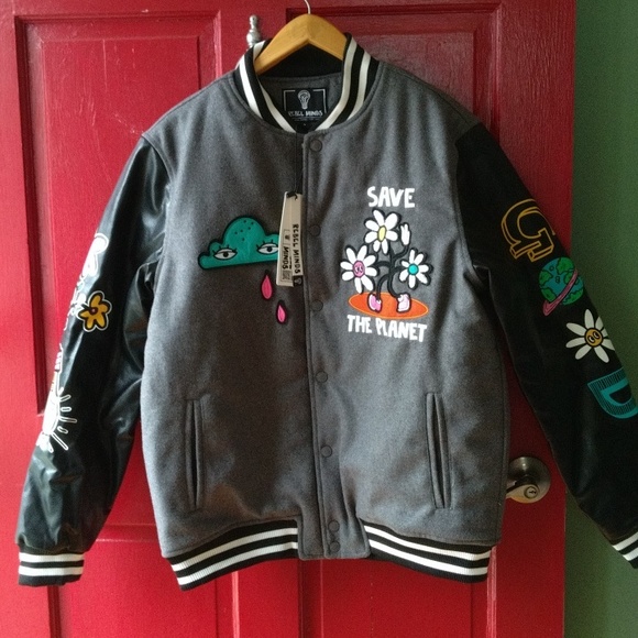 New Mens Save the Planet varsity with appliqués casual moto jacket coat - Picture 13 of 17